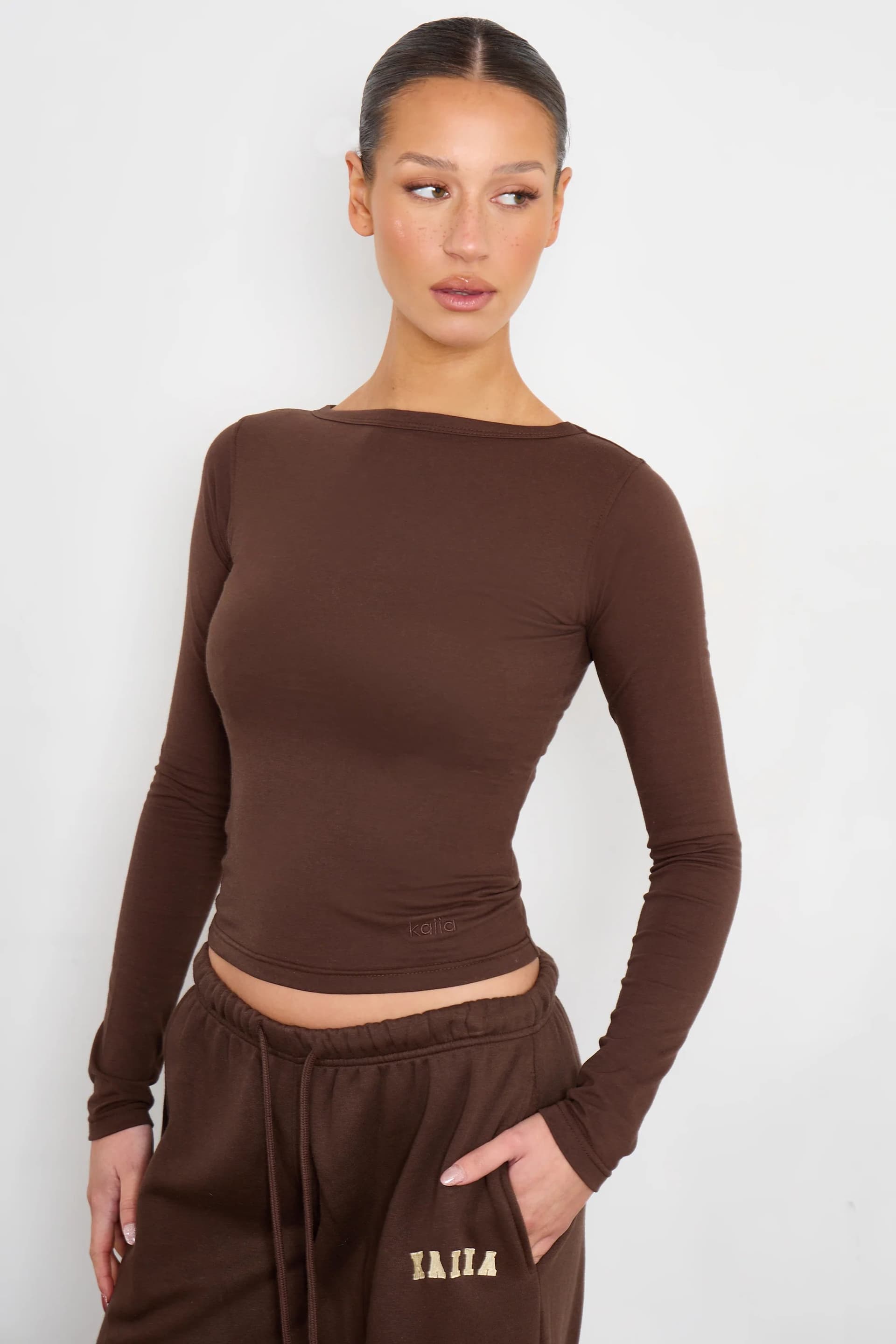 Kaiia Kaiia Cotton Slash Neck Long Sleeve Top in Bitter Chocolate