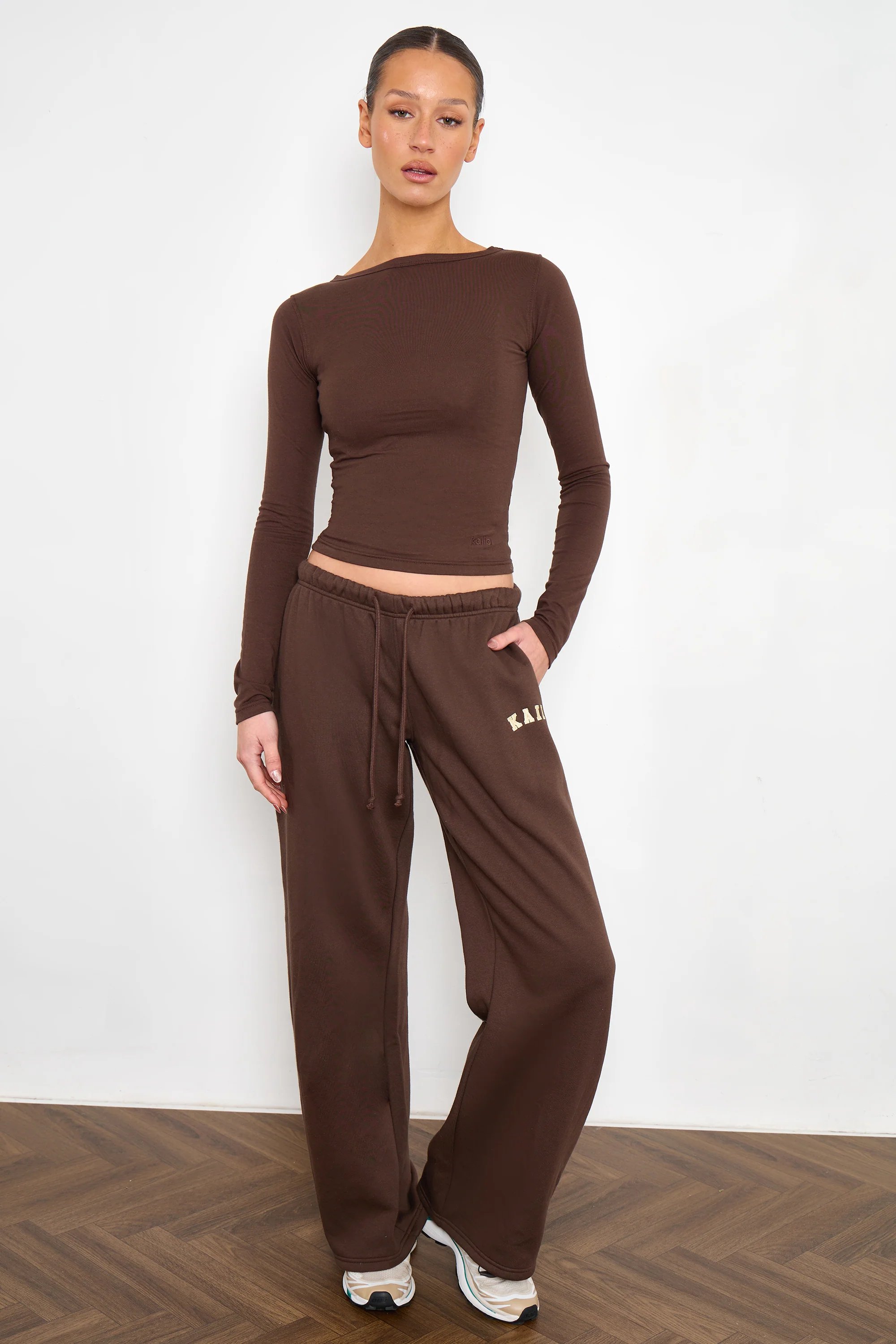 Kaiia Kaiia Cotton Slash Neck Long Sleeve Top Bitter Chocolate - 3