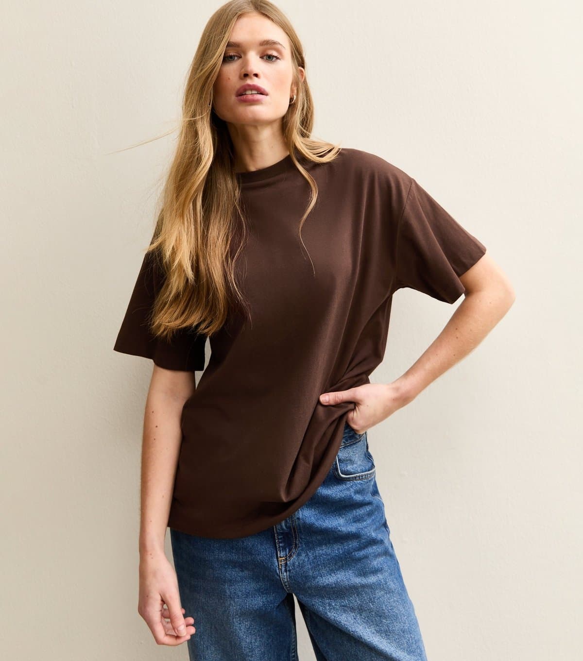 New Look Women's Dark Brown Cotton Oversized T-Shirt New Look