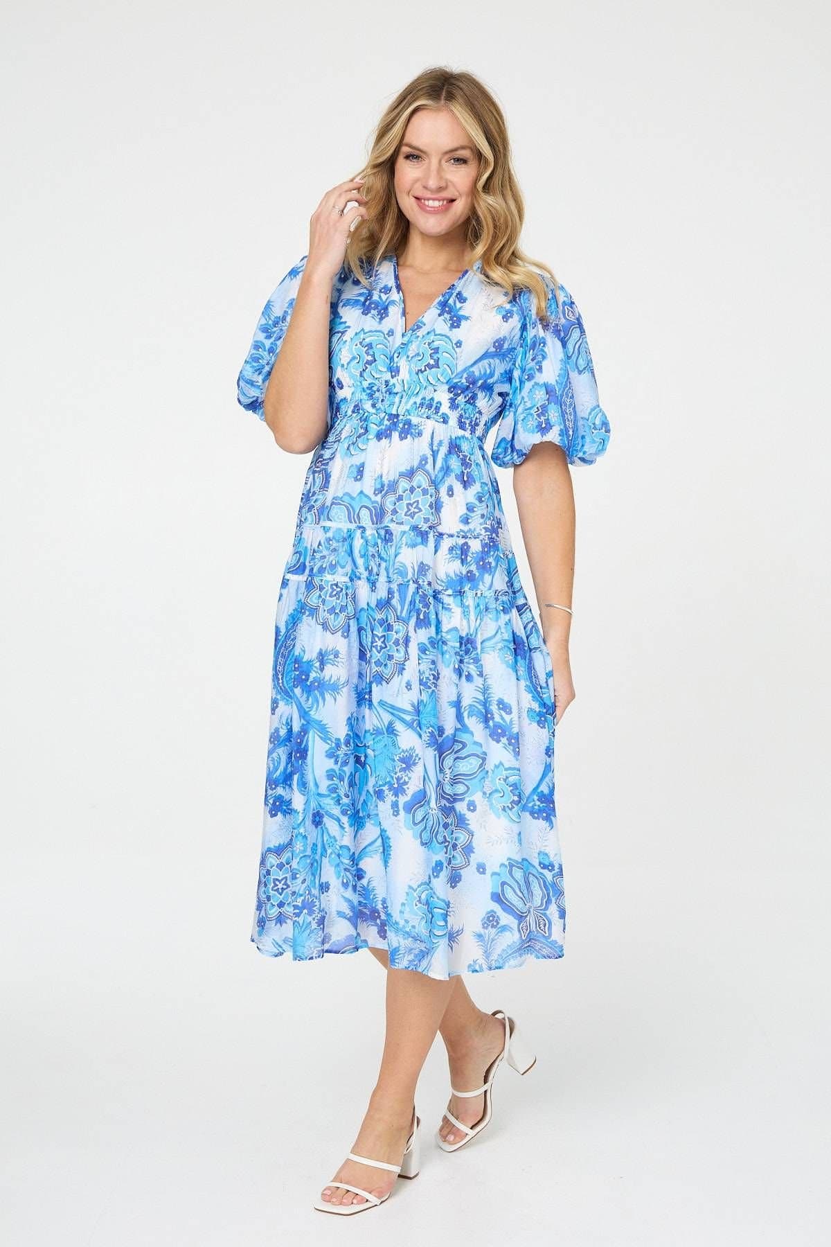 Izabel London Izabel London Women's Floral Tiered Puff Sleeve Midi Dress in Blue
