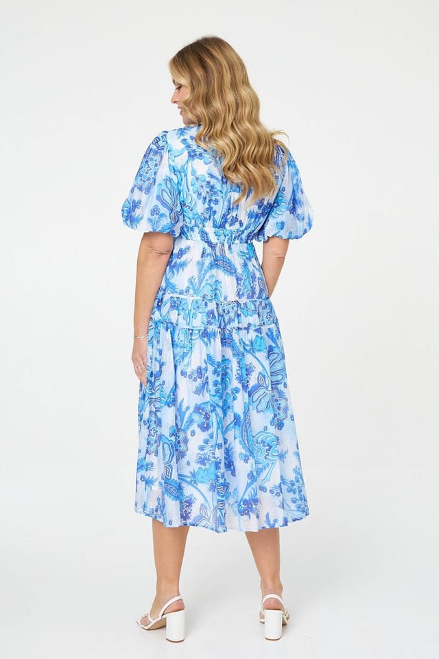 Izabel London Izabel London Women's Floral Tiered Puff Sleeve Midi Dress in Blue - 3