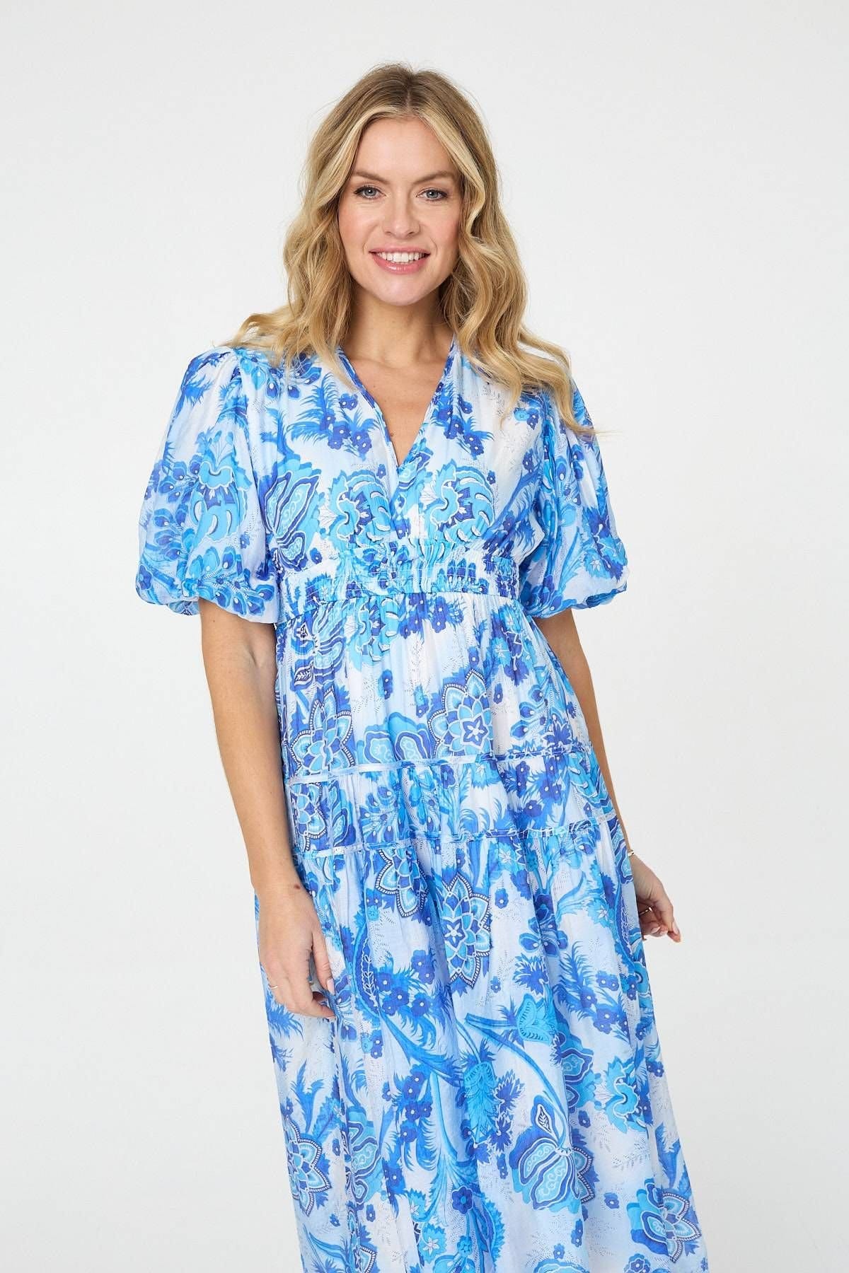Izabel London Izabel London Women's Floral Tiered Puff Sleeve Midi Dress in Blue - 4