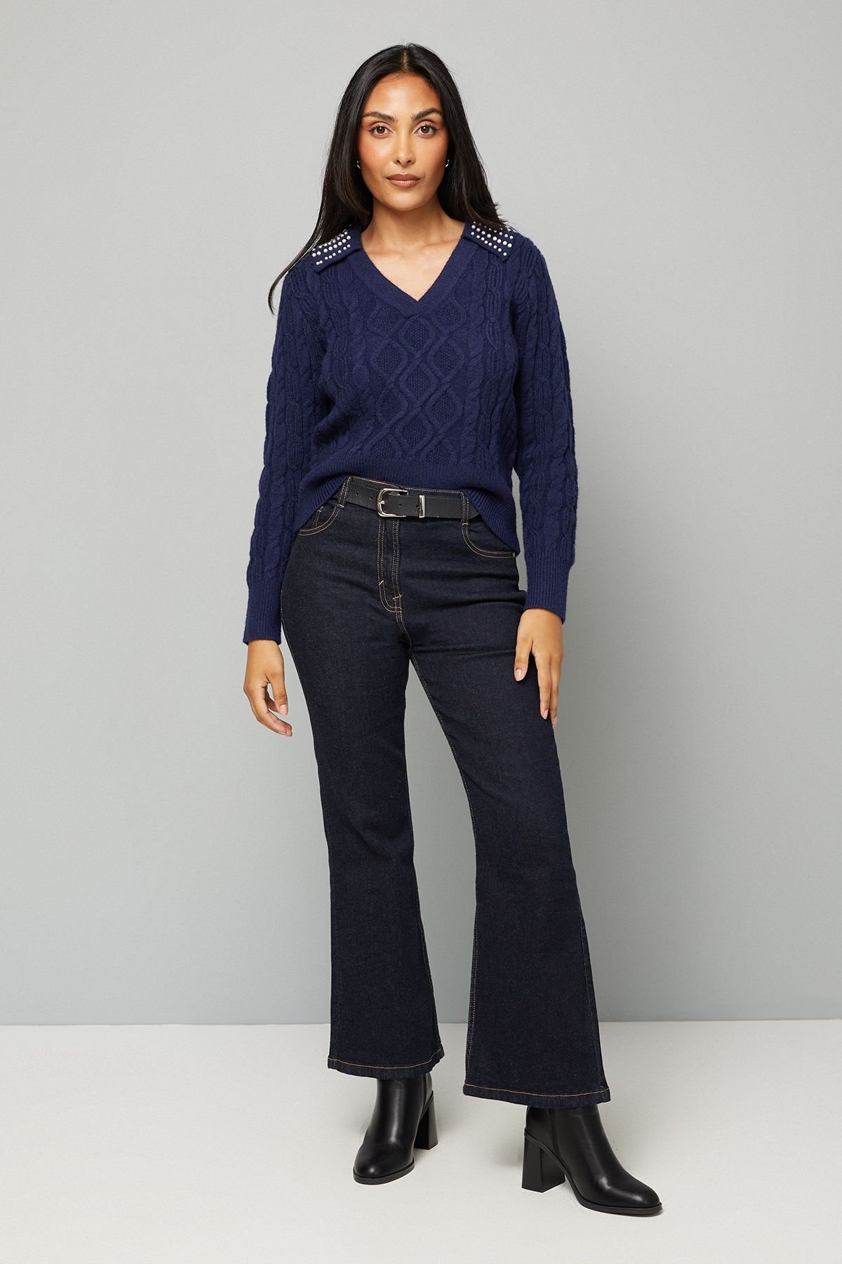 Wallis Wallis Women's Petite Cable Embellished Polo Collar Jumper in Navy - 2