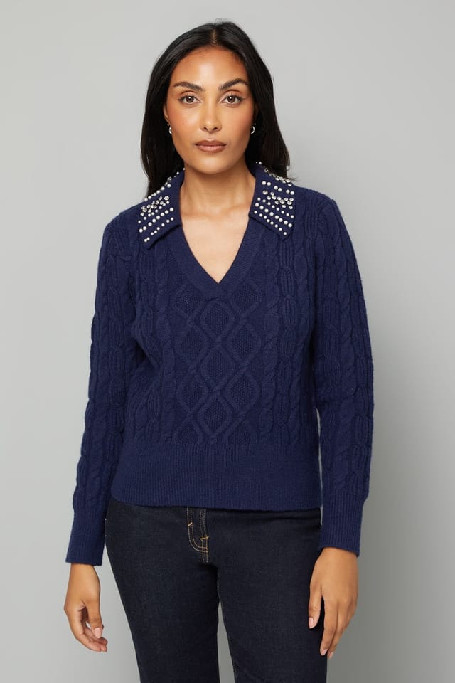 Wallis Wallis Women's Petite Cable Embellished Polo Collar Jumper in Navy - 2