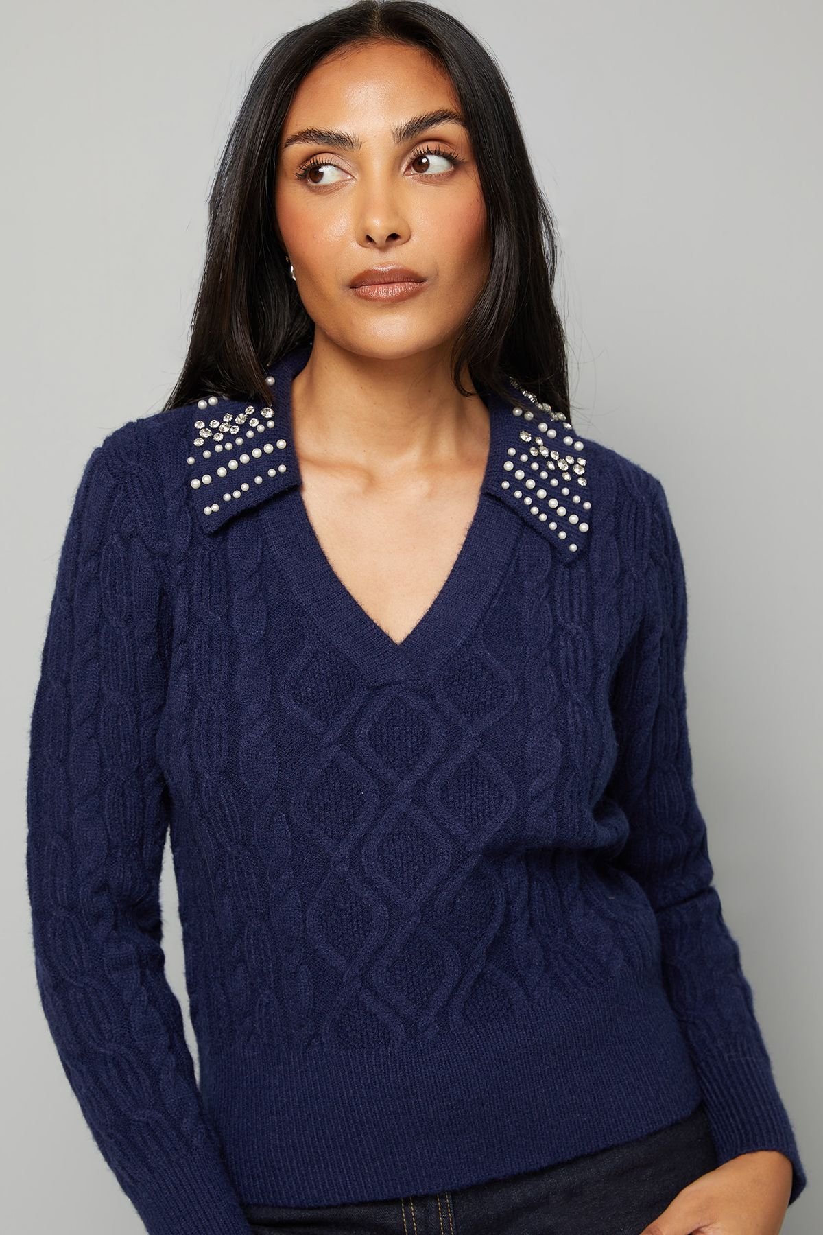 Wallis Wallis Women's Petite Cable Embellished Polo Collar Jumper in Navy - 3