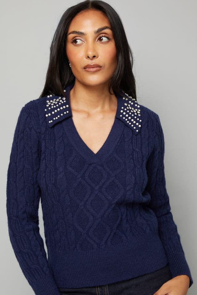 Wallis Wallis Women's Petite Cable Embellished Polo Collar Jumper in Navy - 3