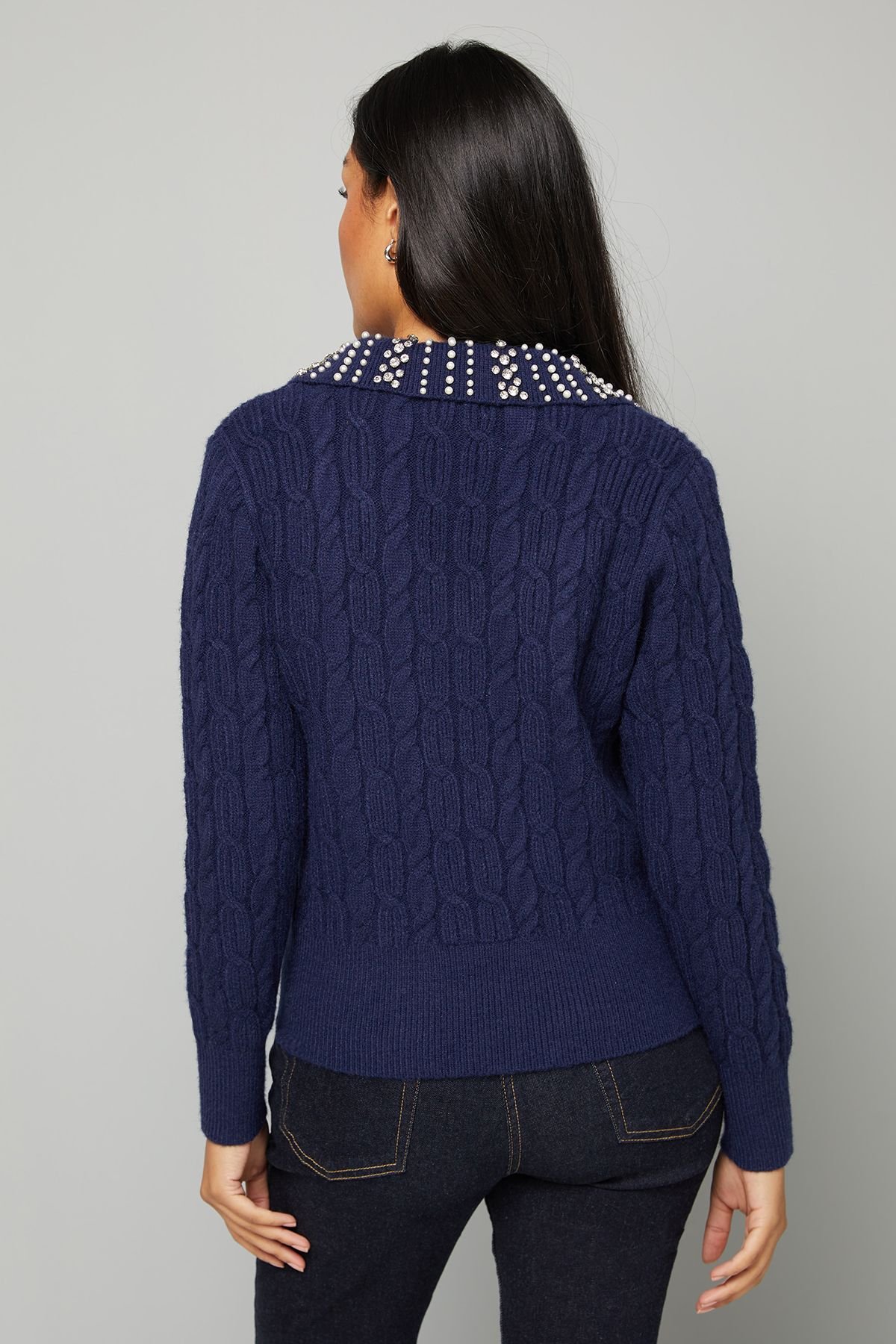 Wallis Wallis Women's Petite Cable Embellished Polo Collar Jumper in Navy - 4
