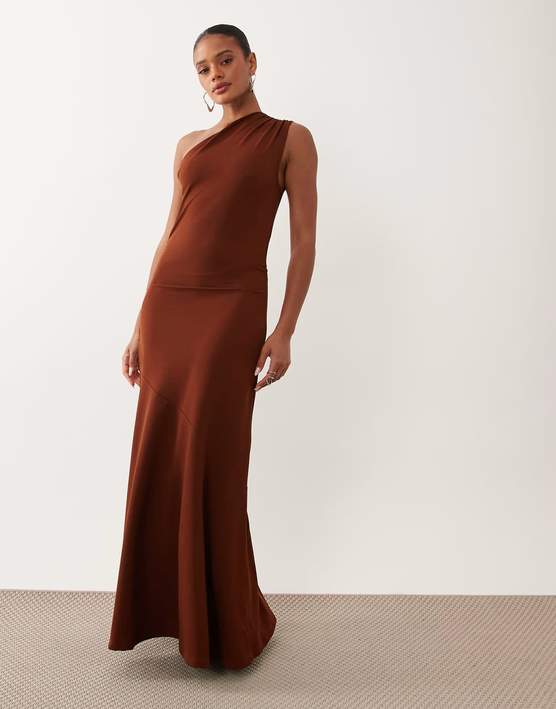 ASOS Vila one shoulder slinky midi dress in light brown