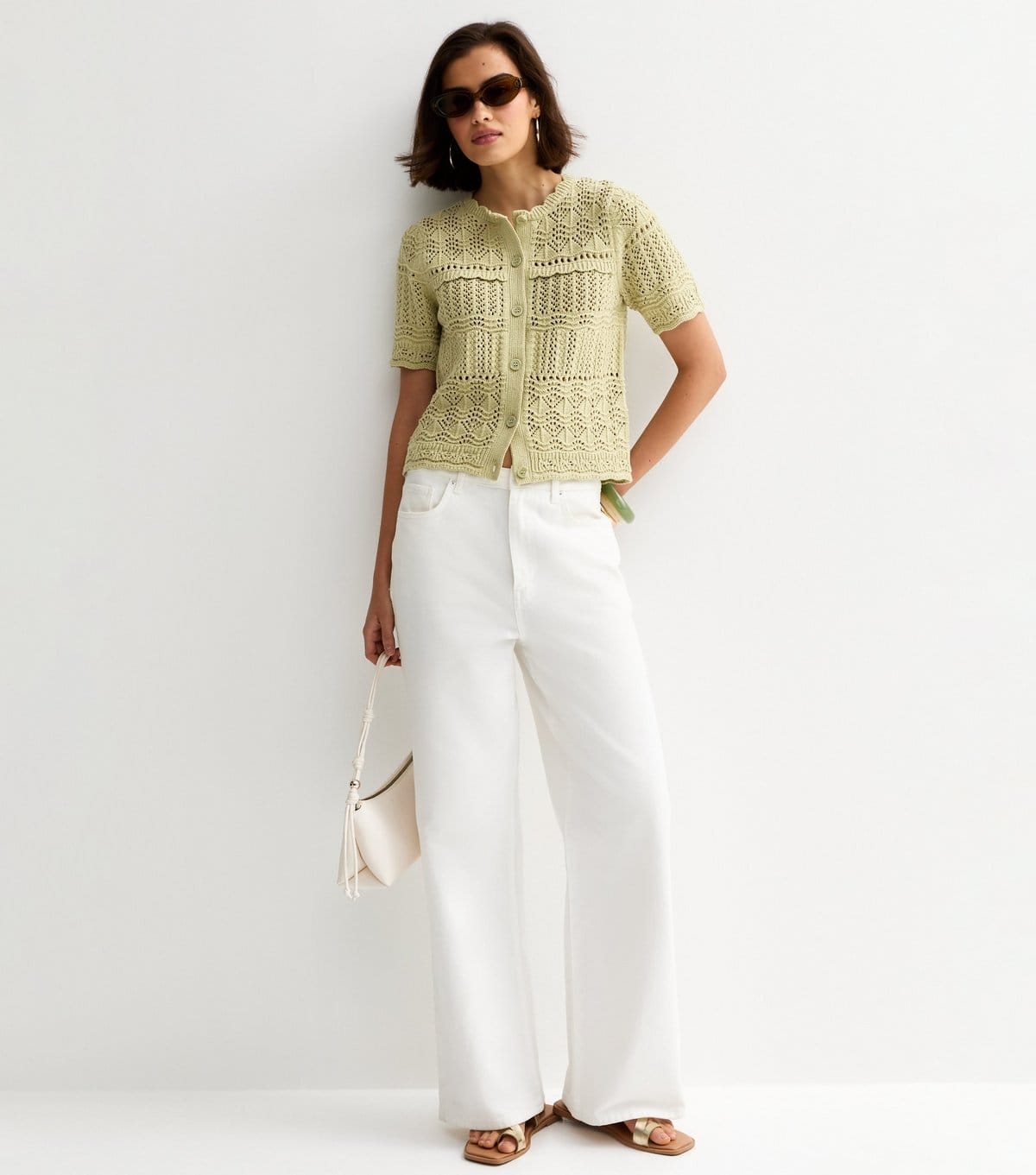 New Look Women's Green Cotton Rich Patterned Knit Short Sleeve Cardigan New Look - 4