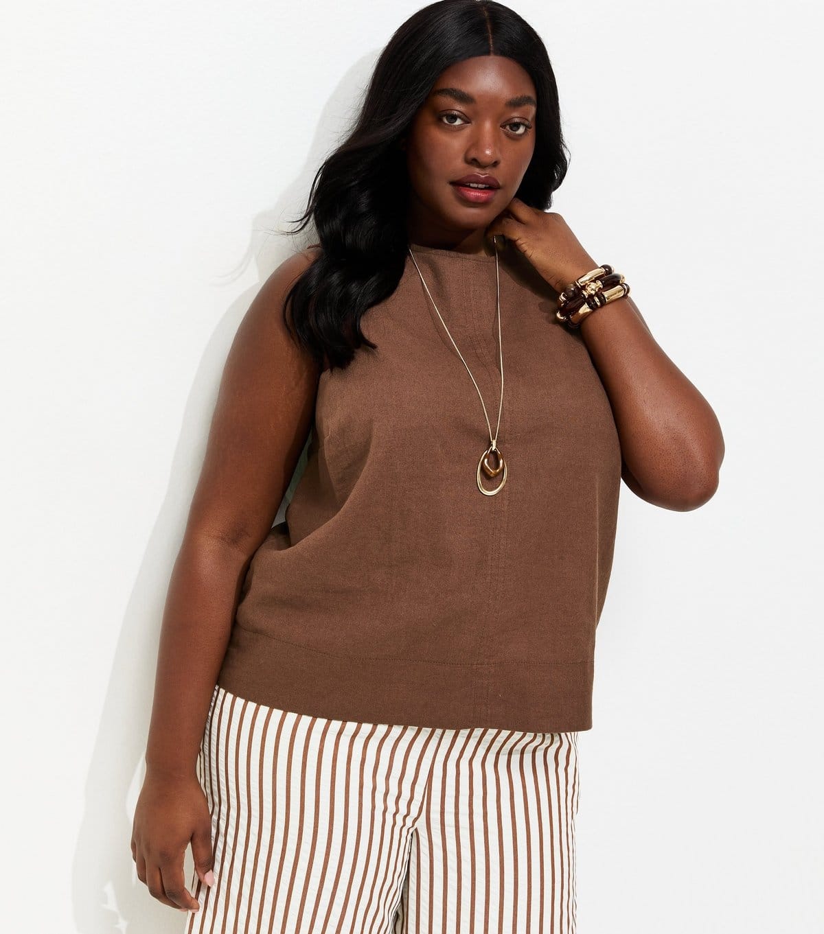 New Look Plus Size Dark Brown Linen Sleeveless Top