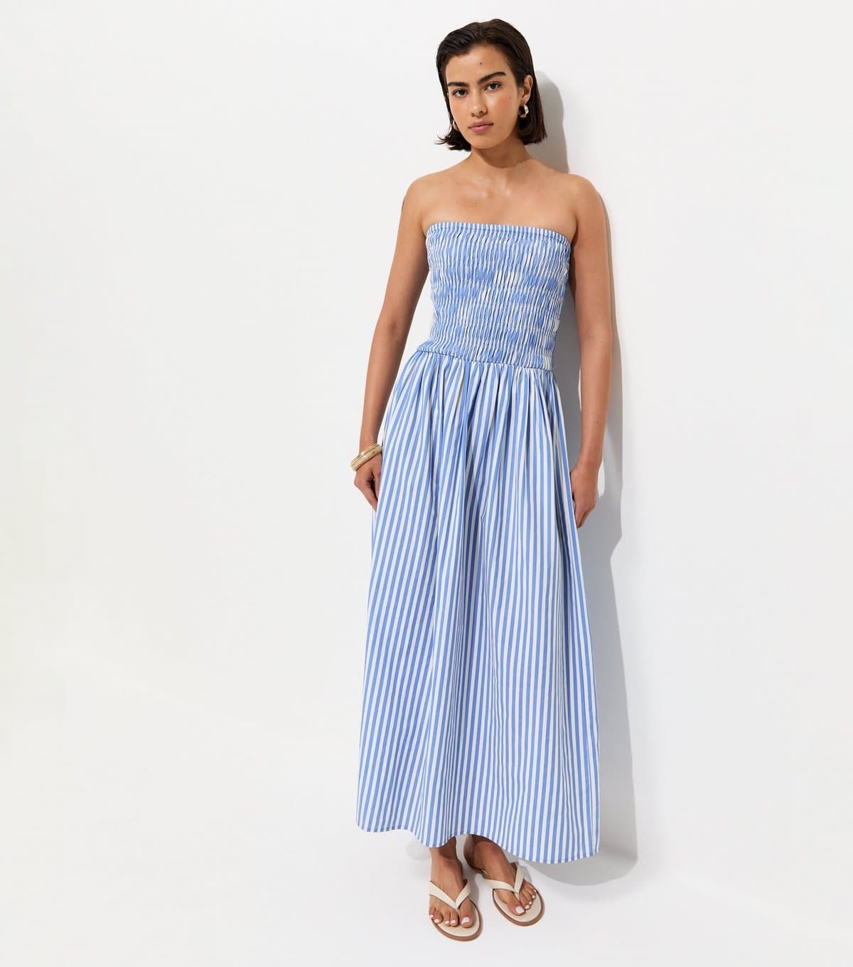 New Look Women's Blue Striped Shirred Bandeau Dress New Look