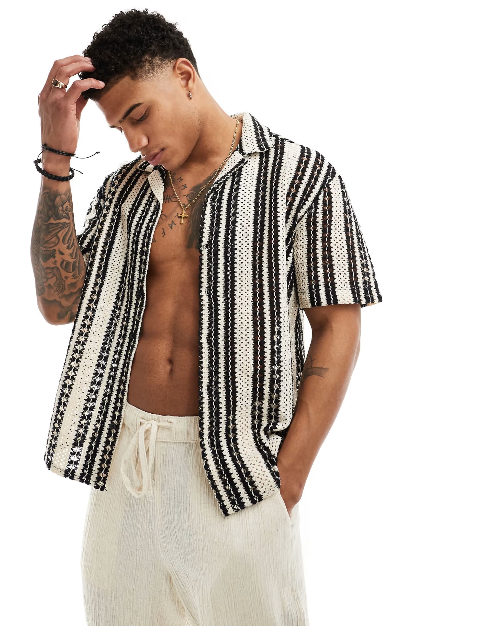 ASOS ONLY & SONS crochet shirt in beige with black stripe