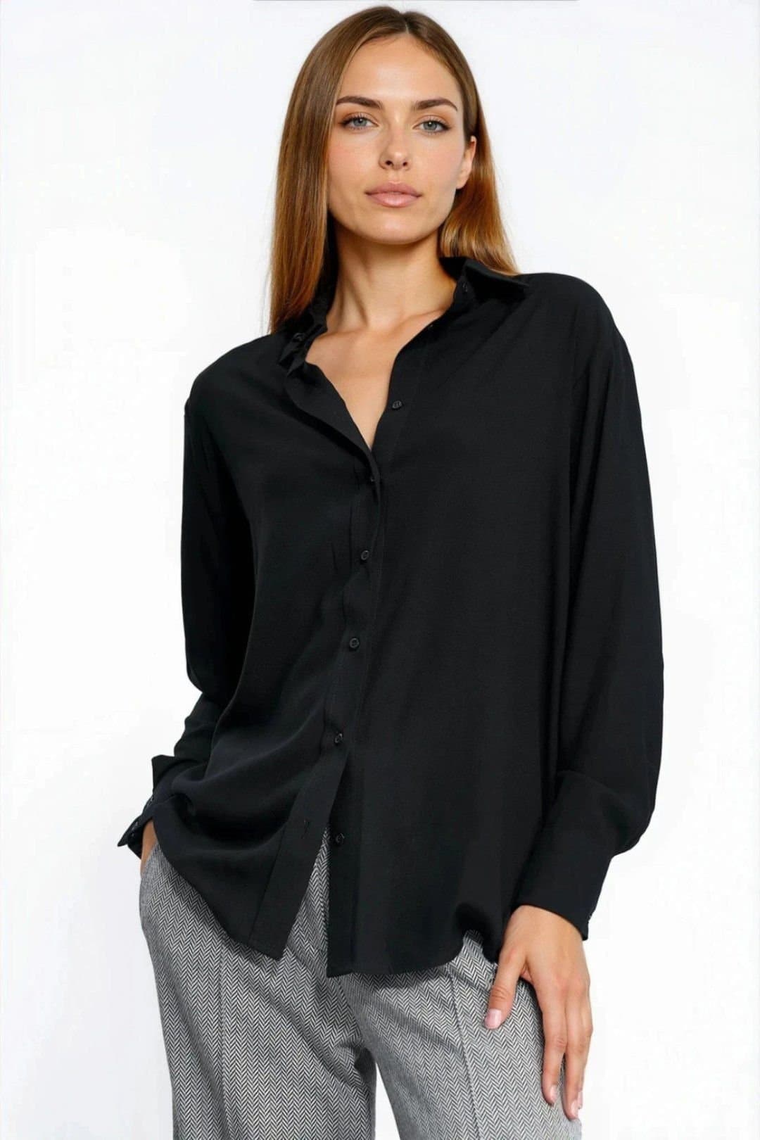 Love Lace Love Lace Black Viscose Collared Long-Sleeve Shirt