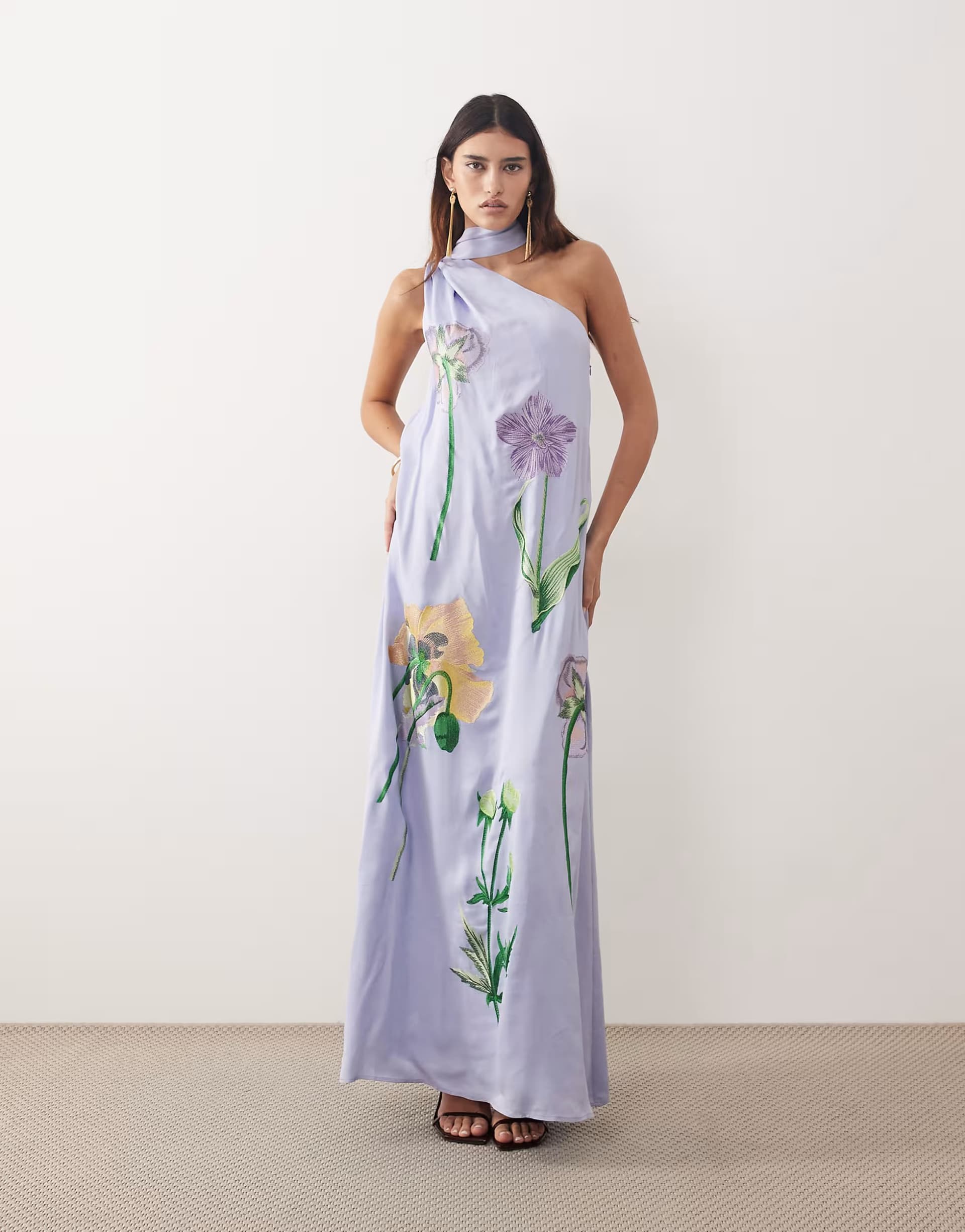 ASOS ARRANGE botanical floral embroidered one shoulder maxi dress in dusky blue