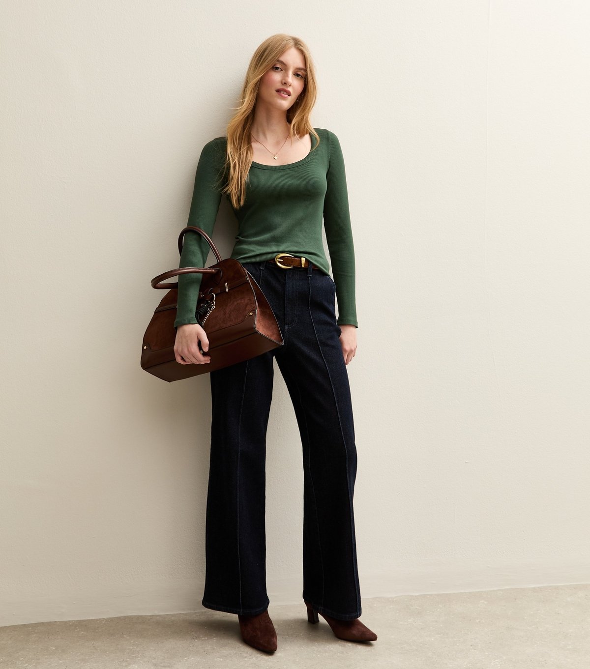 New Look Women's Dark Green Scoop Neck Long Sleeve Ribbed Top New Look - 3