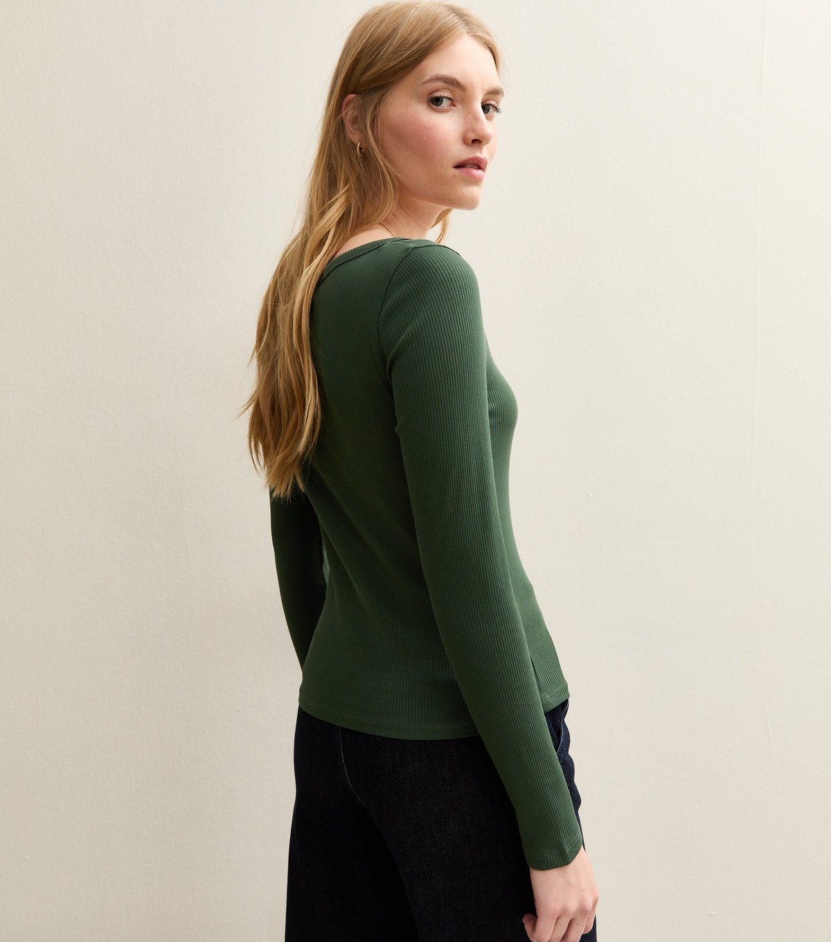 New Look Women's Dark Green Scoop Neck Long Sleeve Ribbed Top New Look - 4