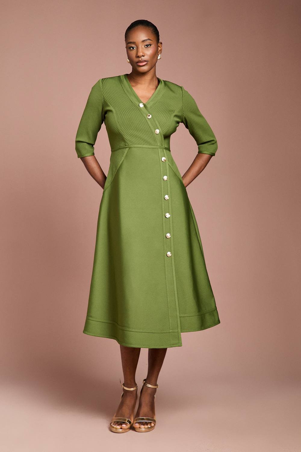 Coast Coast Women's Ribbed Bandage Button Down Midi Dress in Olive - 2