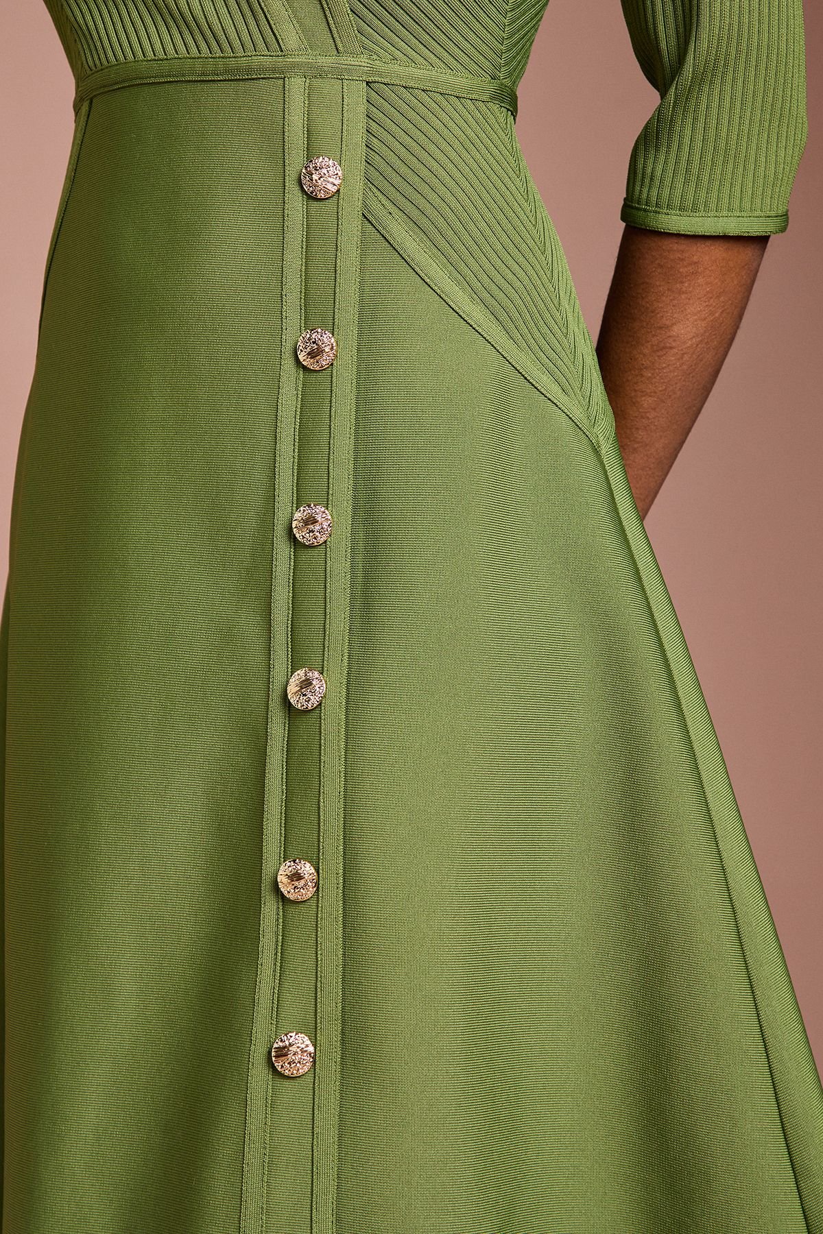 Coast Coast Women's Ribbed Bandage Button Down Midi Dress in Olive - 4