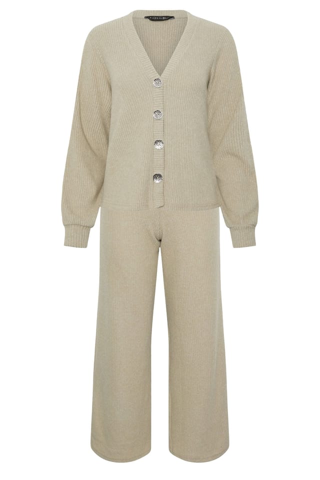 PixieGirl PixieGirl Women's Petite Ribbed Cardigan & Wide Leg Trousers Set in Light Green - 2