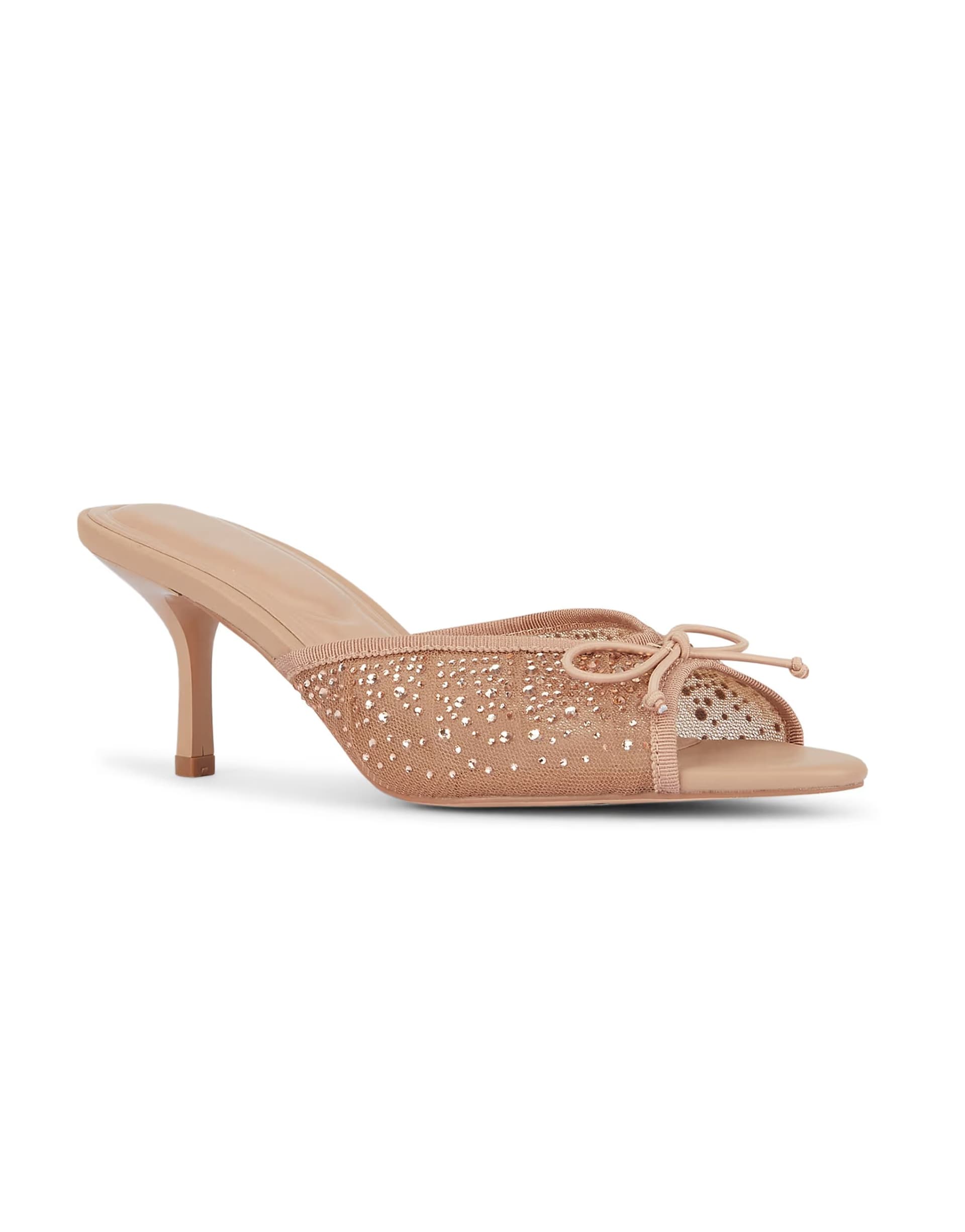 ASOS SEQWL Mesh bow heeled mule sandals with embellished rhinestone in beige