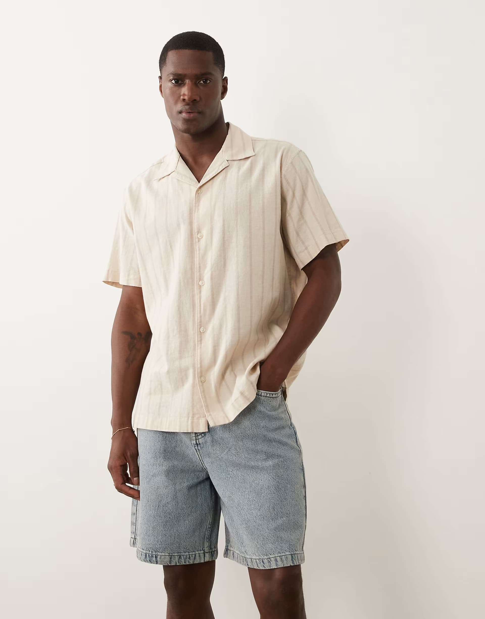 ASOS Jack & Jones linen mix short sleeve shirt with stripes in beige