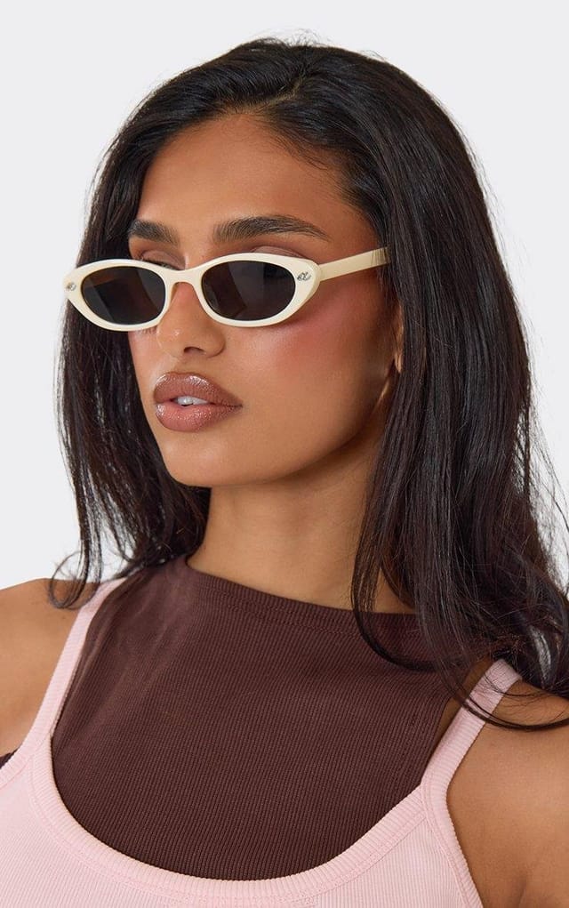 EGO Cateye Shaped Tinted Lense Thin Framed Sunglasses In Cream, Women's Size UK 0 - 2
