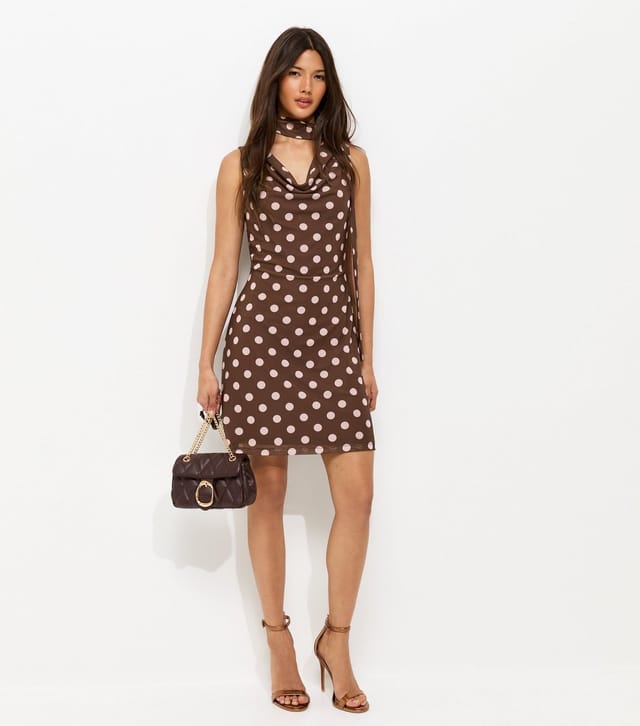 New Look Women's Brown Polka Dot Cowl Neck Mesh Mini Dress New Look - 2