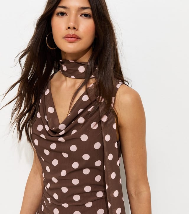 New Look Women's Brown Polka Dot Cowl Neck Mesh Mini Dress New Look - 3