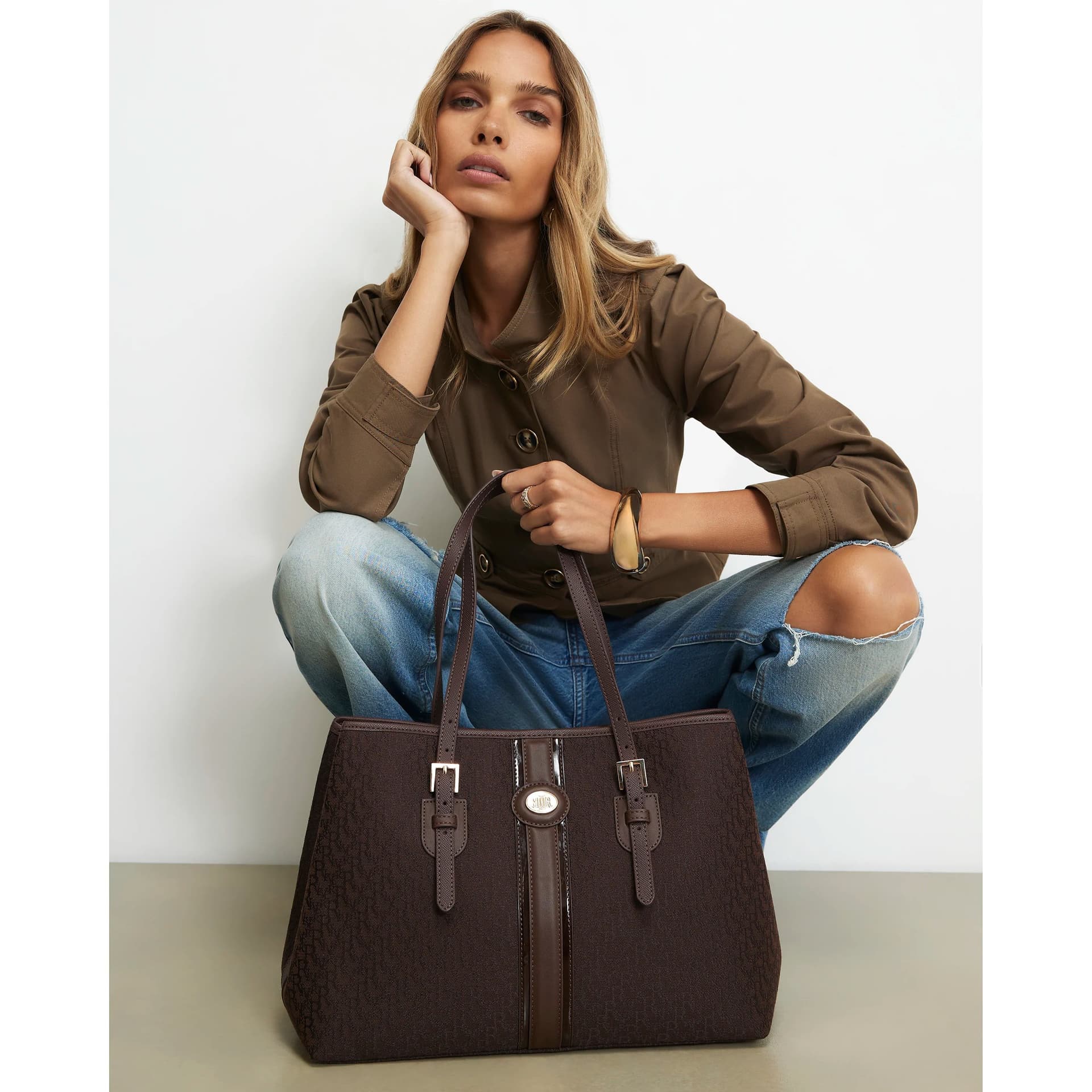 River Island River Island Womens Brown Monogram Jacquard Stripe Shopper Bag