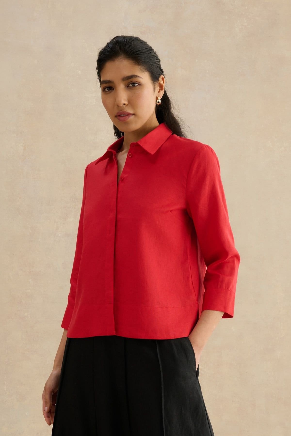 Hobbs London Red Linen Shirt with Sculpted Collar