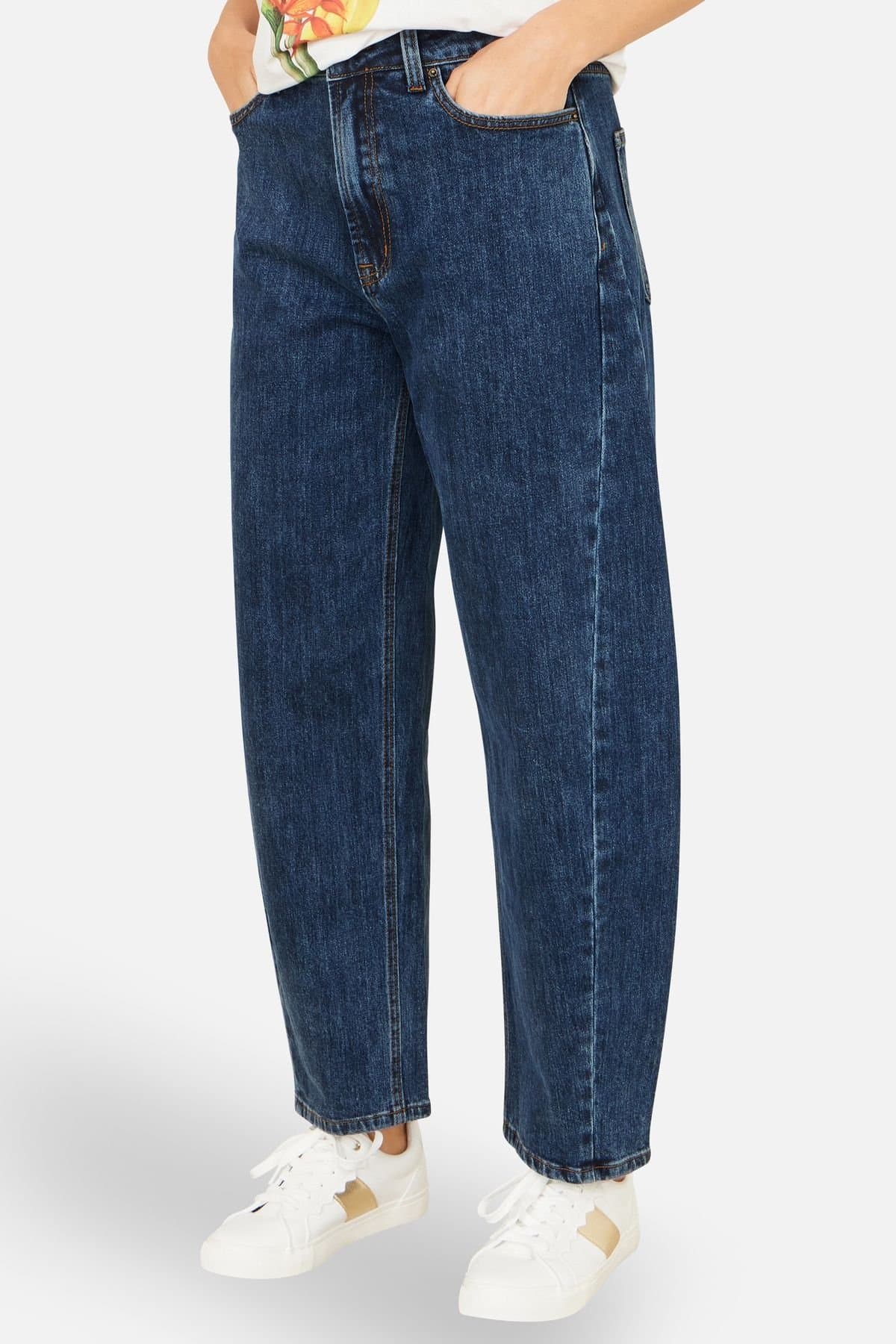 Yumi Yumi Women's Blue Denim Barrel Relaxed Fit Jeans in Dark Indigo