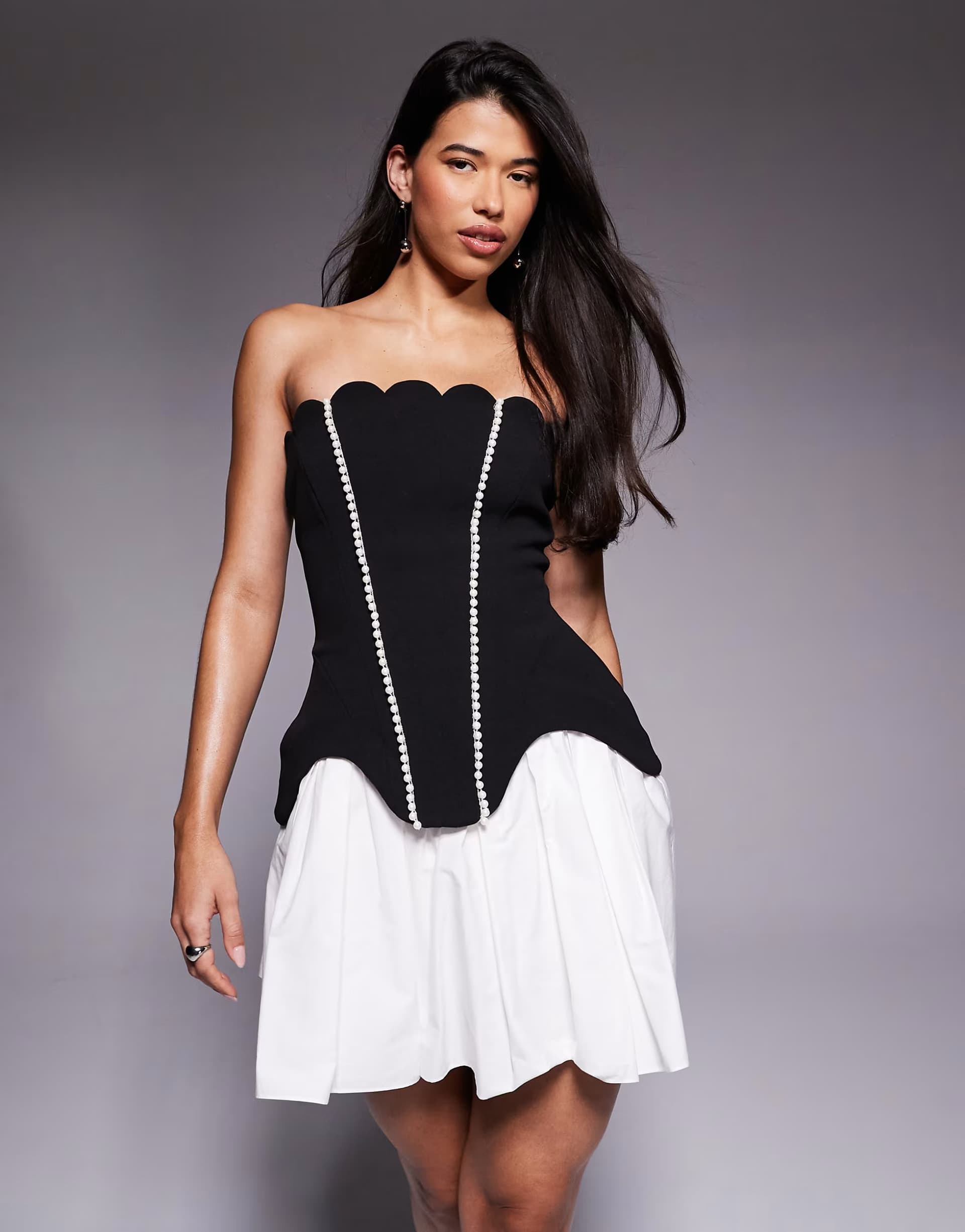 ASOS ASOS LUXE scallop hem mini dress with cotton poplin skirt with embellished pearl trim in mono