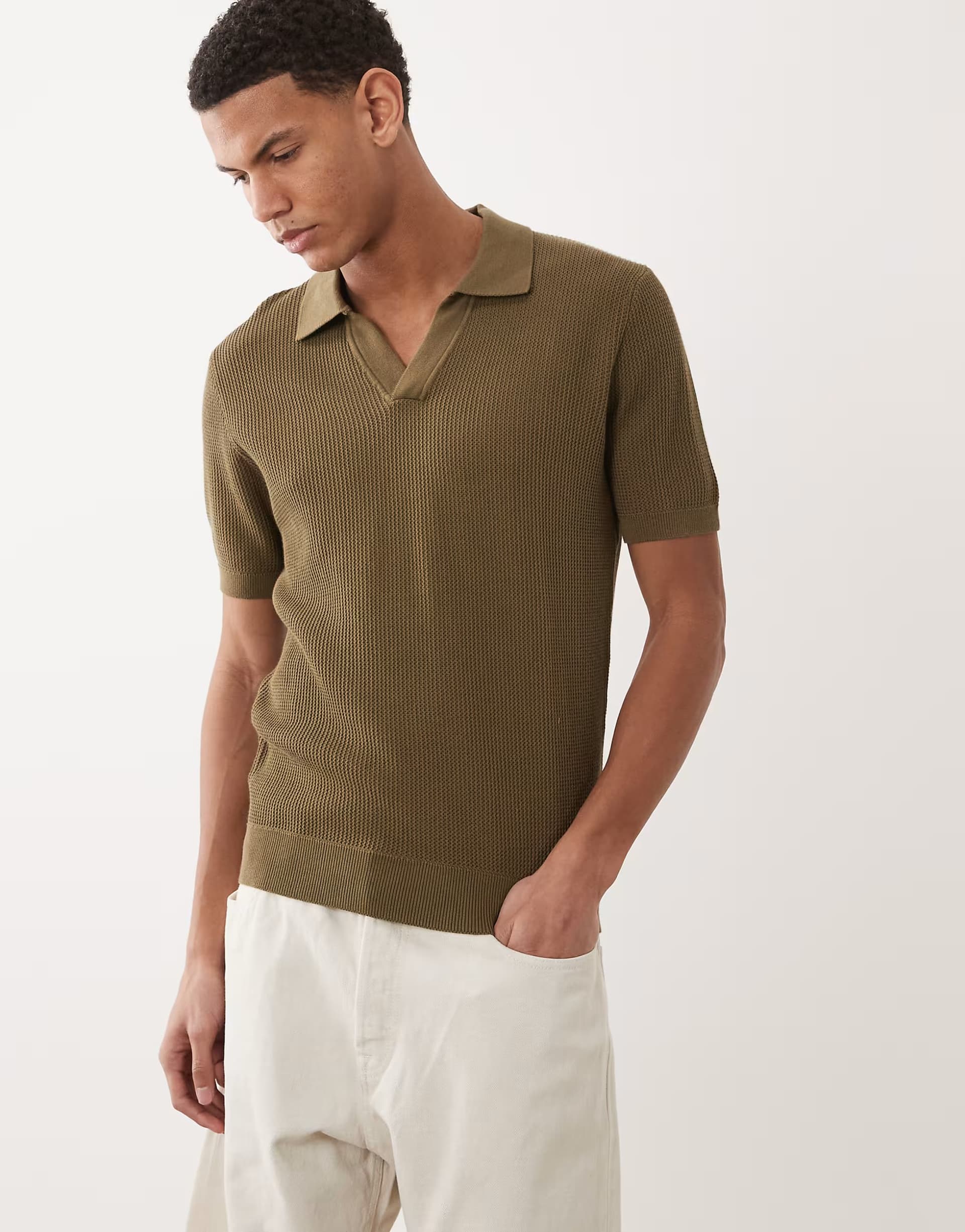 ASOS ASOS Khaki Cotton Short Sleeve V-Neck Jumper