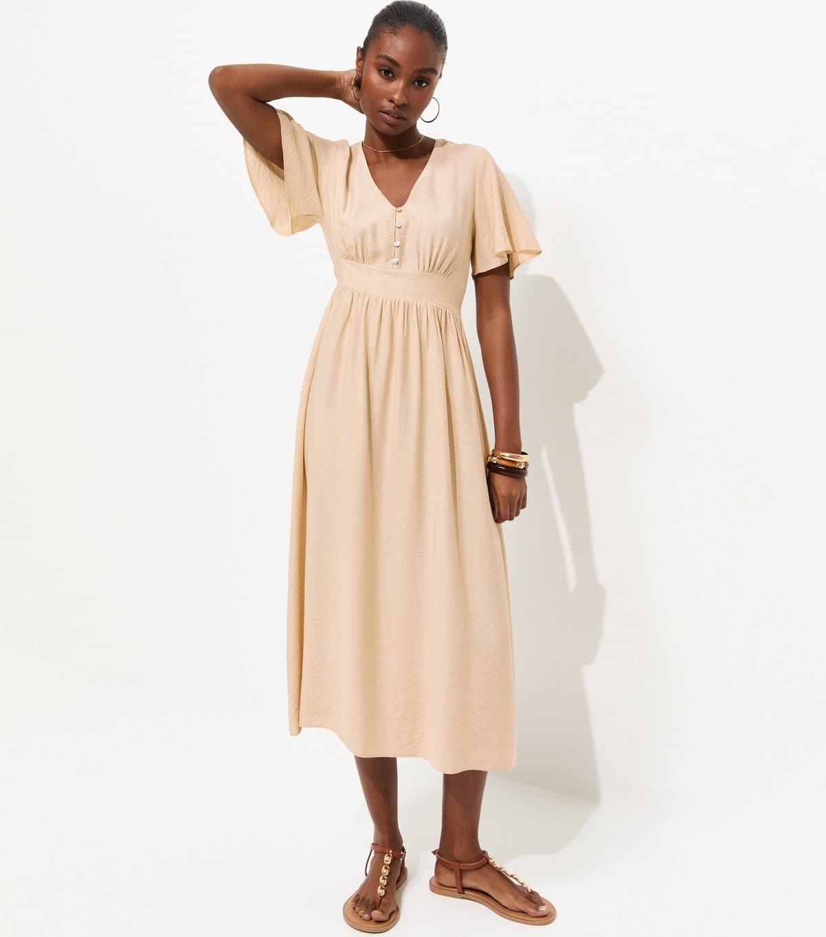 New Look Women's Cream Frill Sleeve V Neck Midi Dress New Look