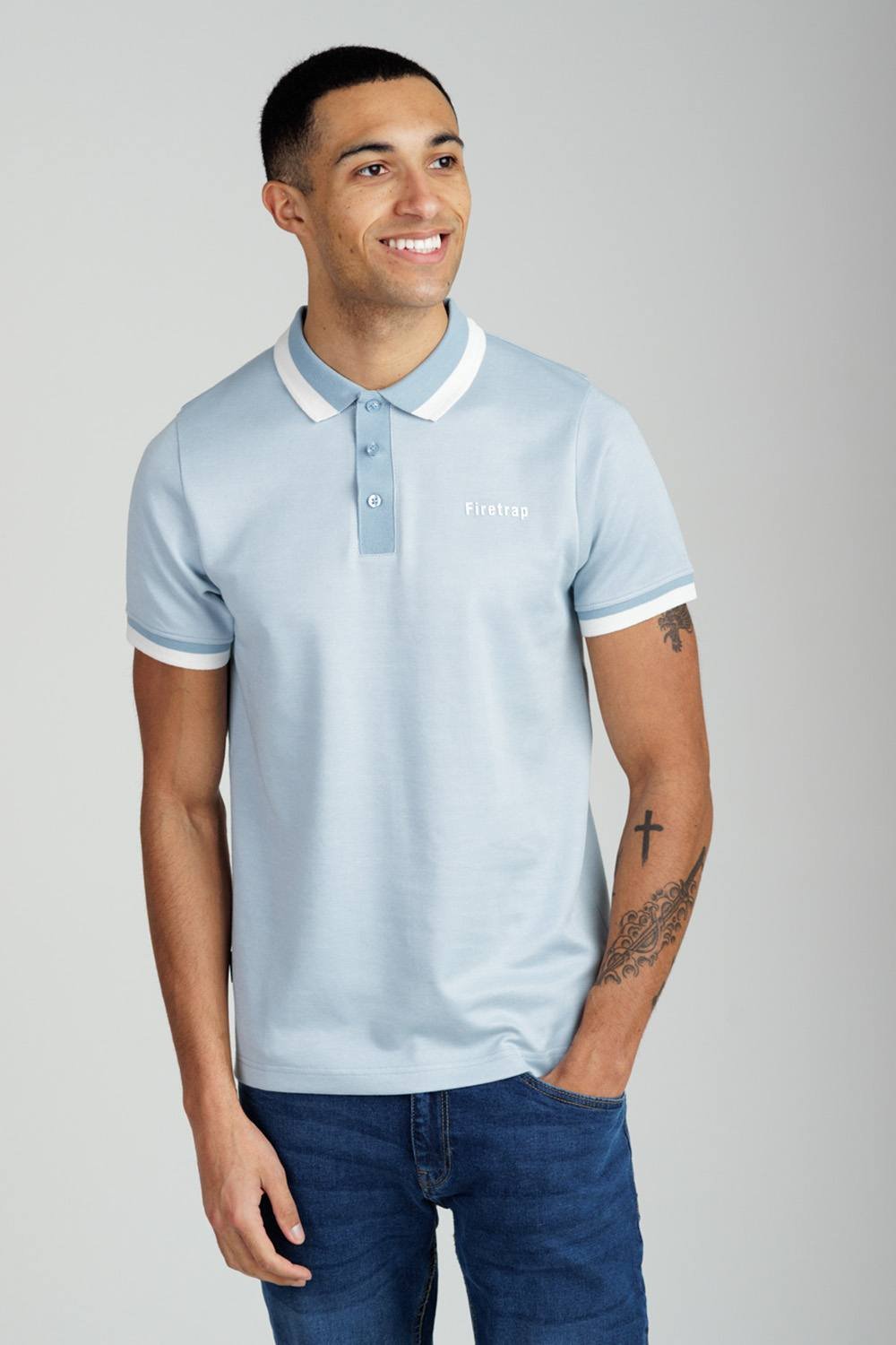 Firetrap Firetrap Men's Regular Fit Cotton Rich Jacquard Polo in Mid Blue - 1