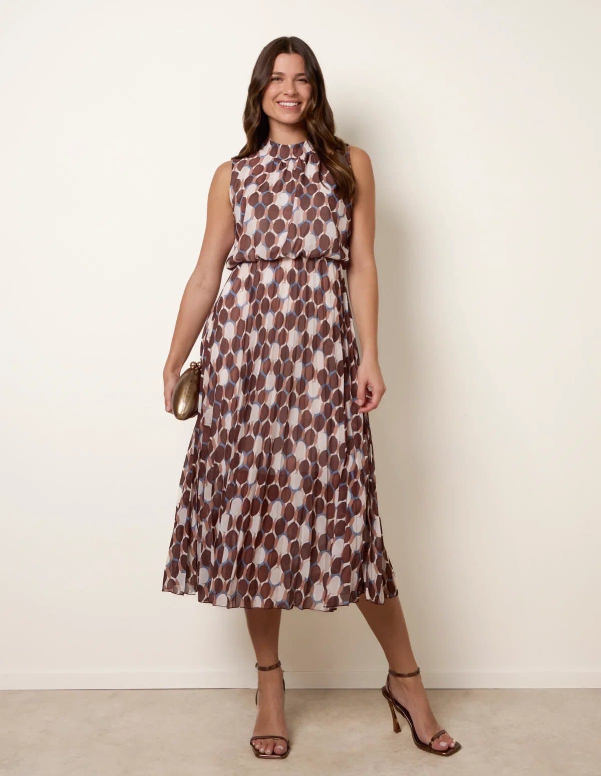 Blue Vanilla High Neck Sleeveless Geometric Pleated Dress