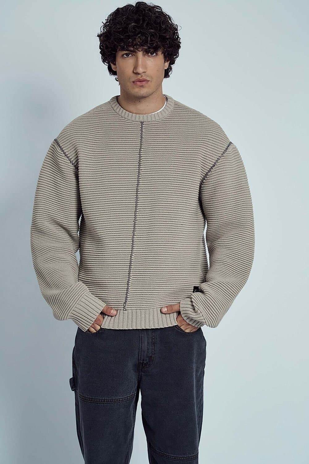 Native Youth Native Youth Men's Ribbed Knit Crew Neck Long Sleeve Jumper in Stone
