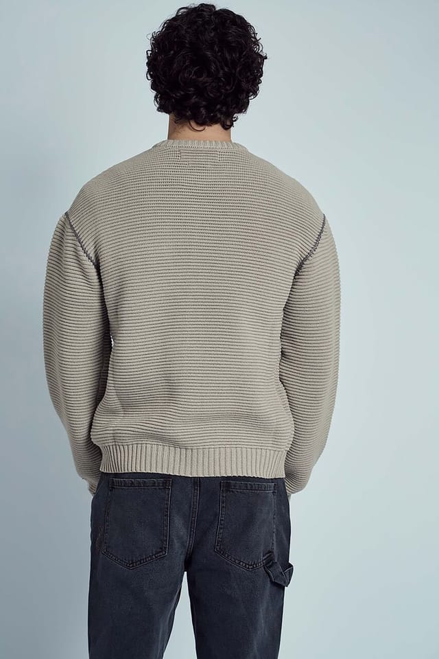 Native Youth Native Youth Men's Ribbed Knit Crew Neck Long Sleeve Jumper in Stone - 2