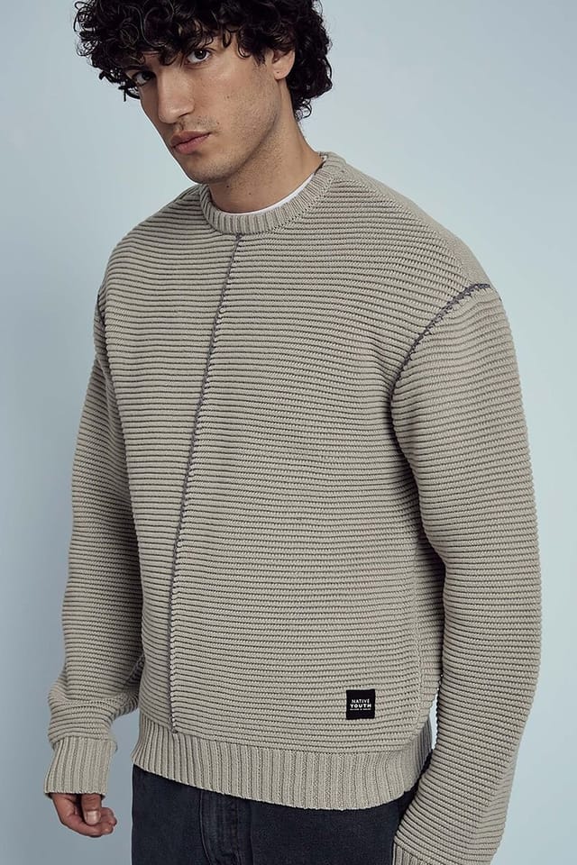 Native Youth Native Youth Men's Ribbed Knit Crew Neck Long Sleeve Jumper in Stone - 3