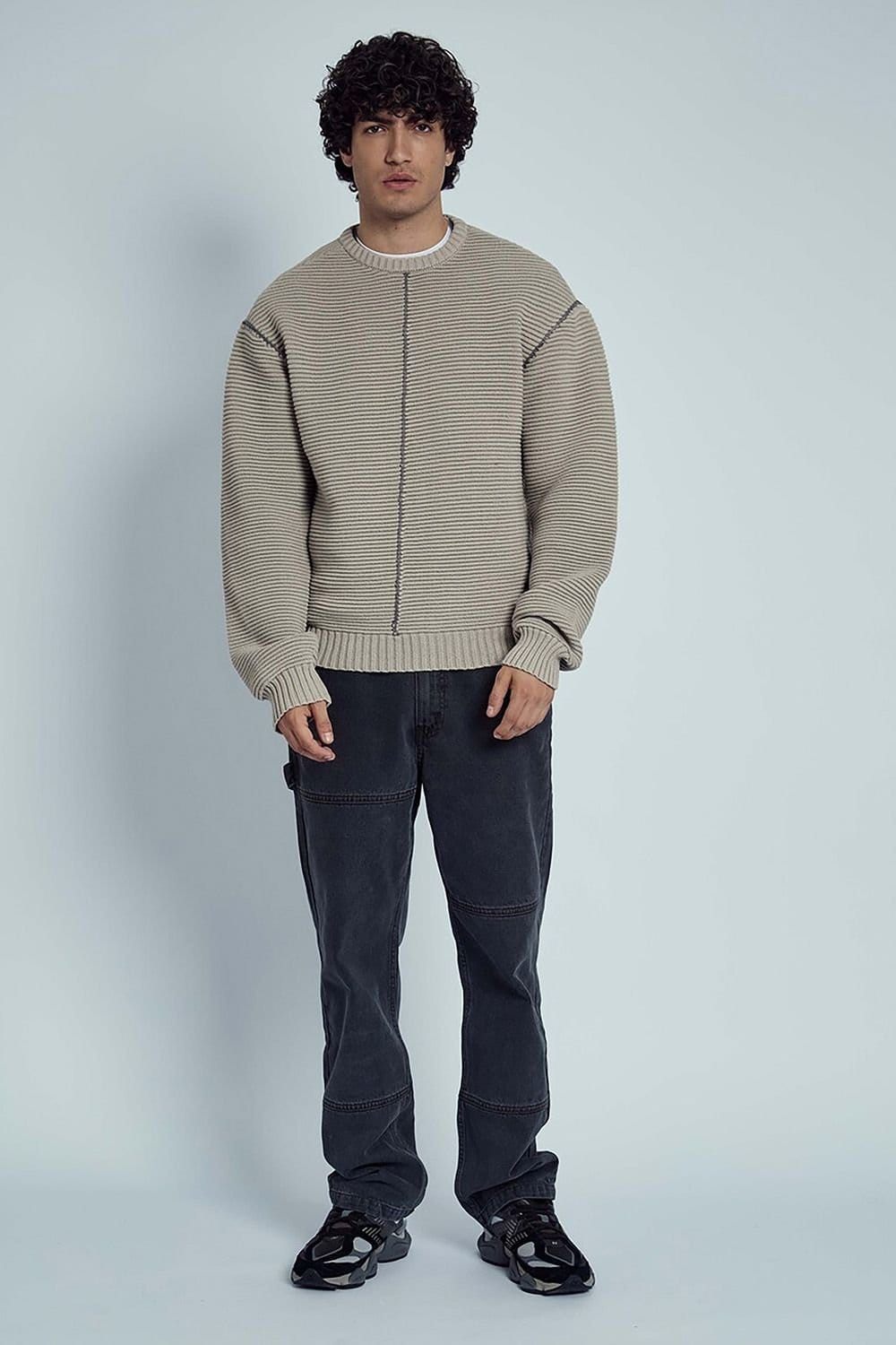 Native Youth Native Youth Men's Ribbed Knit Crew Neck Long Sleeve Jumper in Stone - 4