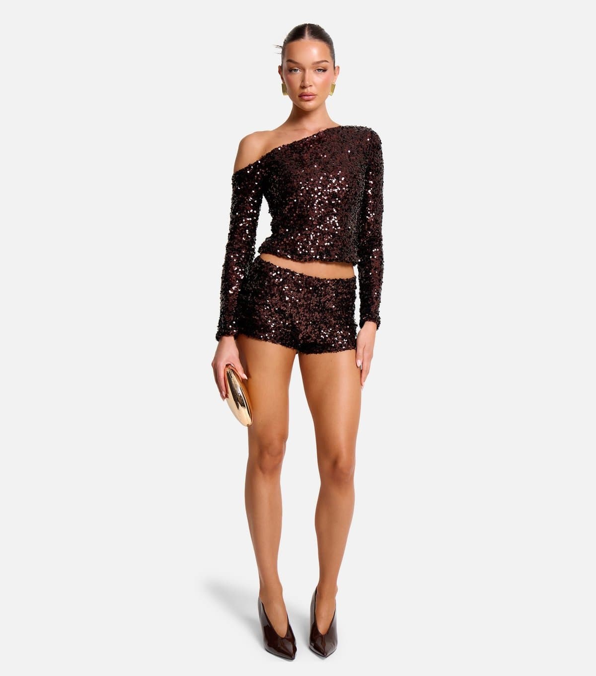 Public Desire Women's Dark Brown Sequin Off the Shoulder Top Public Desire New Look