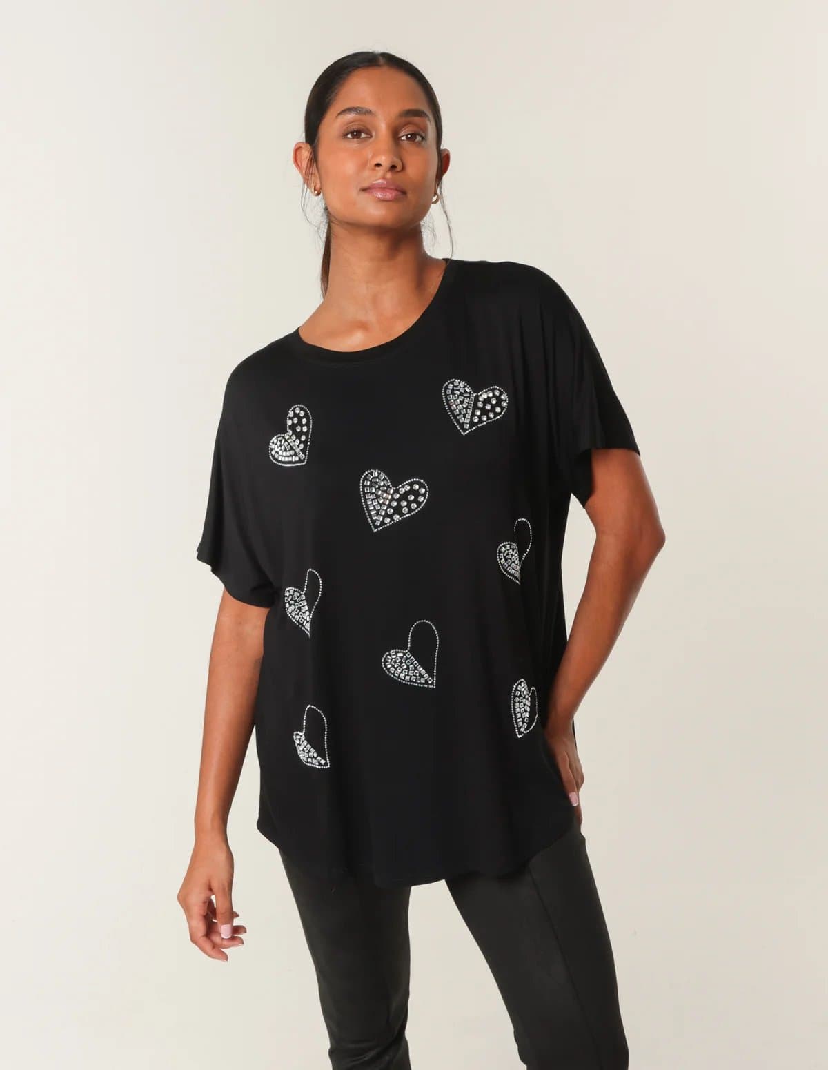 Blue Vanilla Round Neck Diamante Heart Detailing T-Shirt