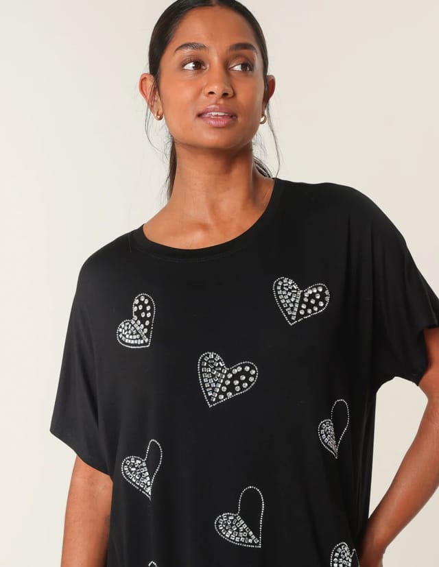 Blue Vanilla Round Neck Diamante Heart Detailing T-Shirt - 2
