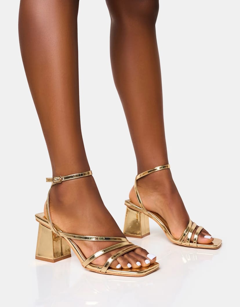 ASOS Public Desire Wide Fit Robin wide fit strappy square toe mid block heels in gold - 1