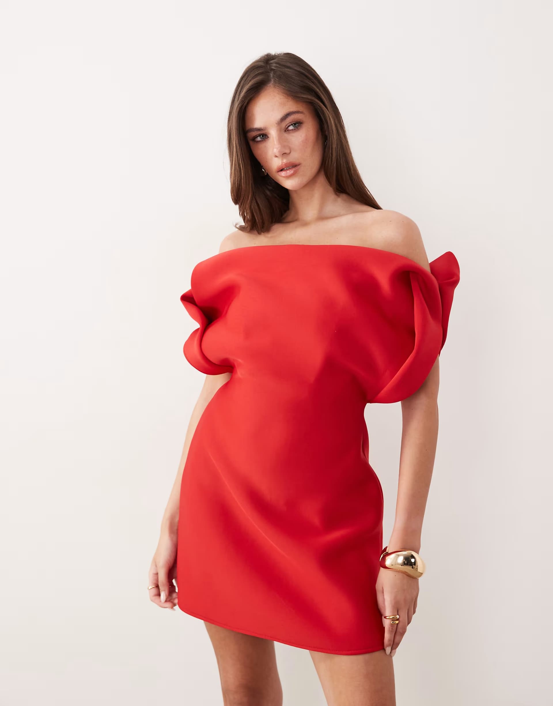 ASOS ASOS DESIGN structured bardot mini dress in red scuba-style fabric