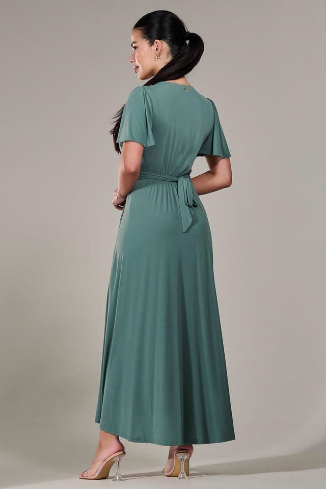 Jolie Moi Jolie Moi Women's Short Sleeve Soft Silky Jersey Maxi Dress in Light Green - 2