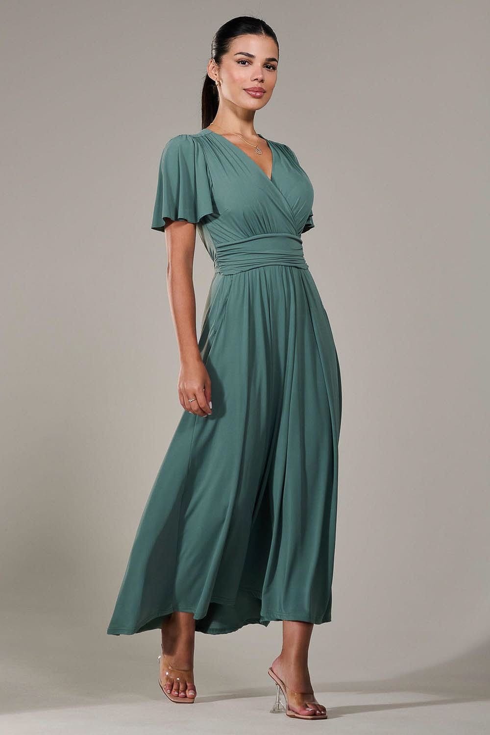 Jolie Moi Jolie Moi Women's Short Sleeve Soft Silky Jersey Maxi Dress in Light Green - 4