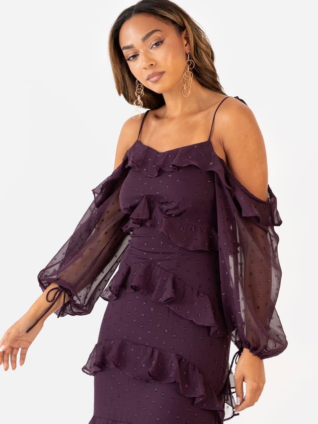 Anaya with Love Anaya with Love Women's Cold Shoulder Ruffle Maxi Dress in Purple - 3
