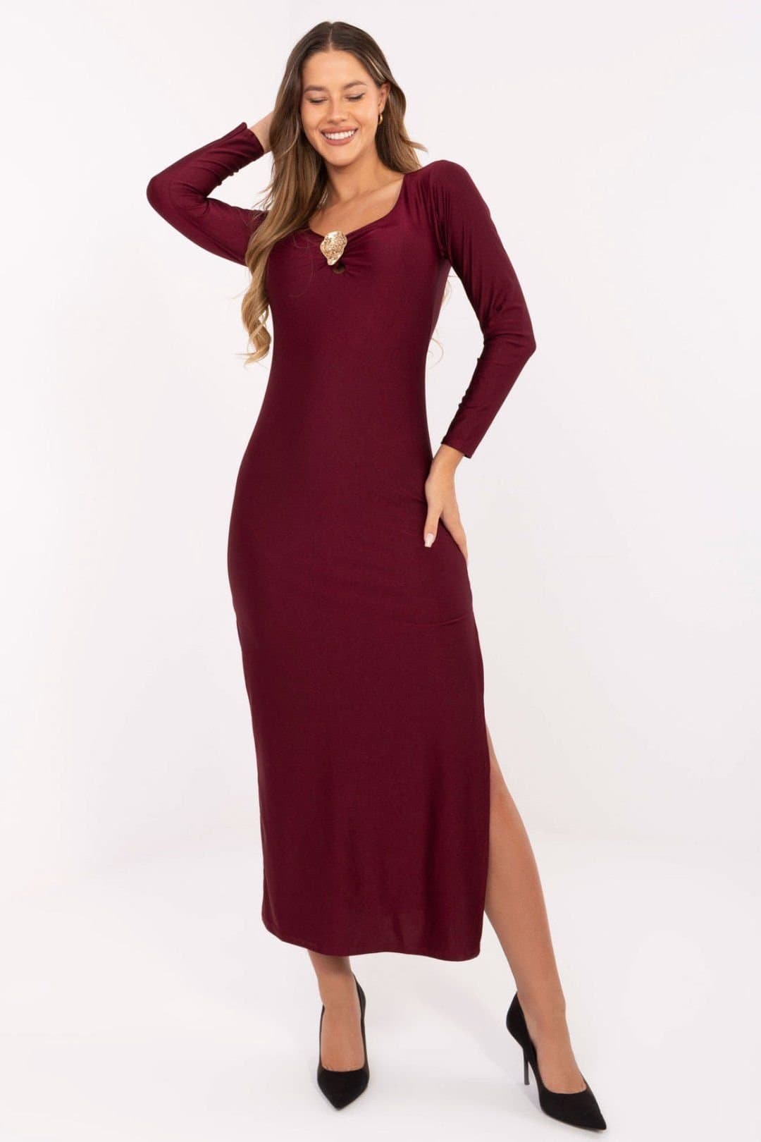 Love Lace Love Lace Burgundy Viscose Midi Pencil Dress with Deep Slit