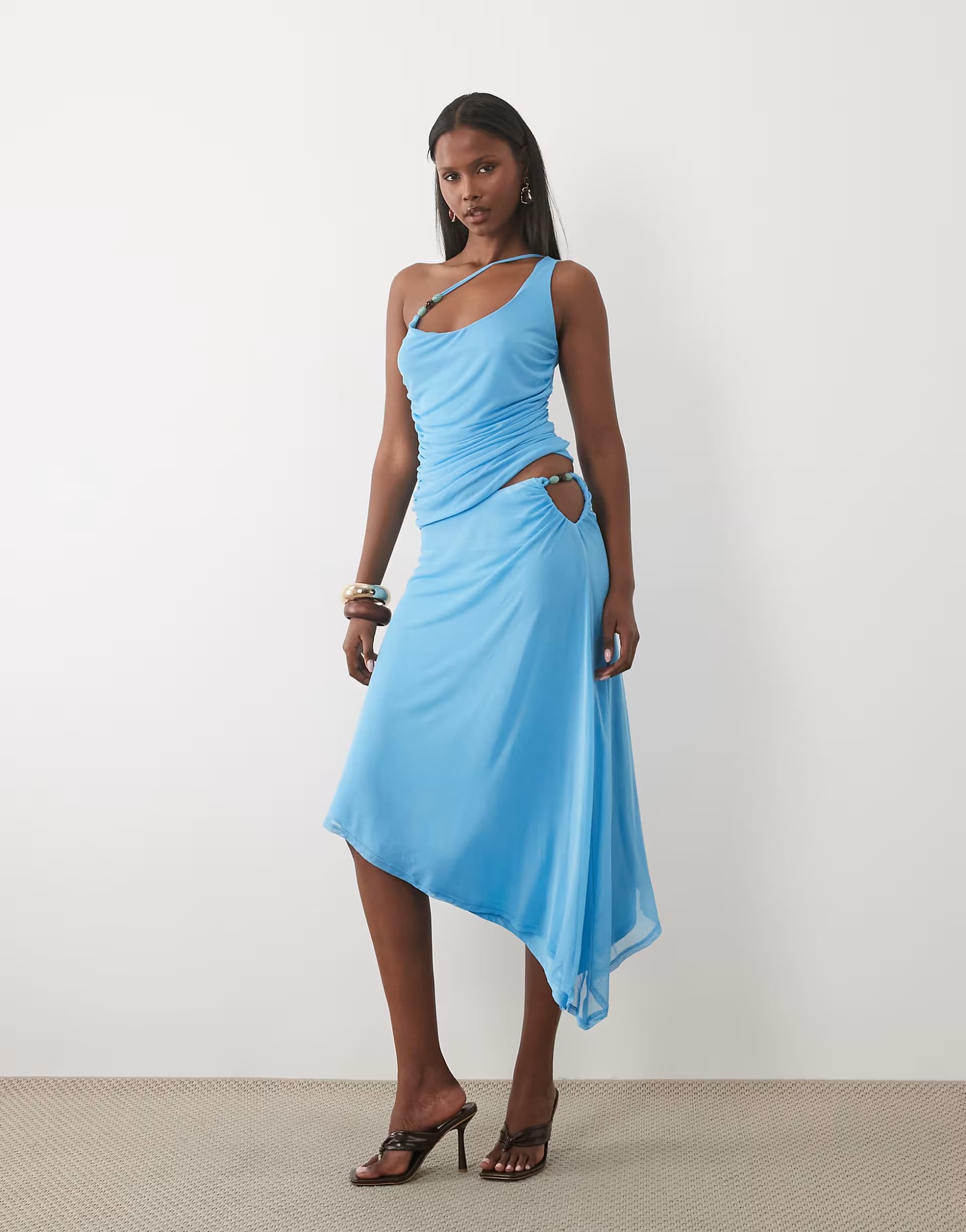 ASOS ASOS DESIGN co-ord mesh asymmetric midi skirt with beaded trim in blue